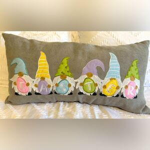 Easter Gnomes Grey Throw Pillow Decorative 24x14 Pastels Spring